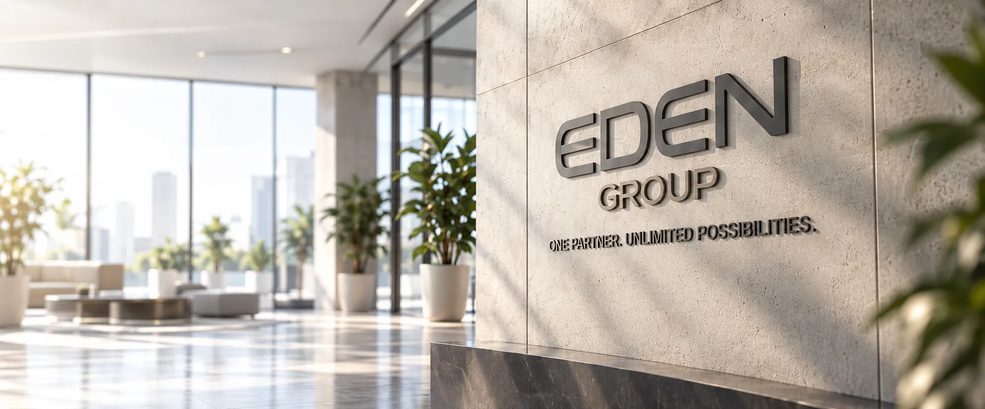 Eden Group ofis girişinde logolu taş duvar