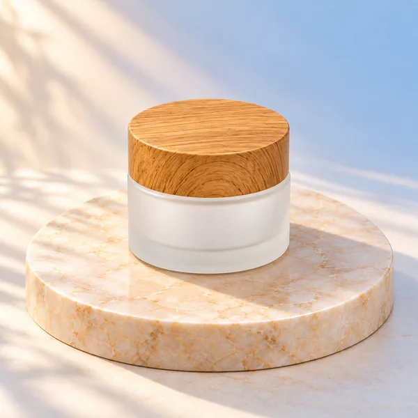 Frosted Glass Cream Jar with Wood Textured Lid (detail)