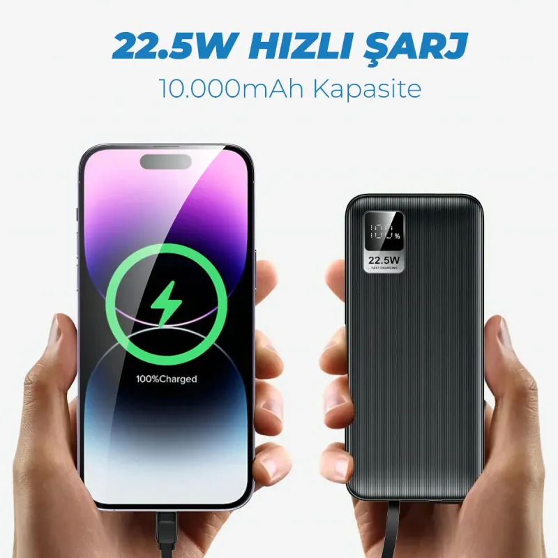 Built-In Type-C and iPhone Cable 10000mAh Power Bank 22.5W Fast LED Display Portable Charger — detail