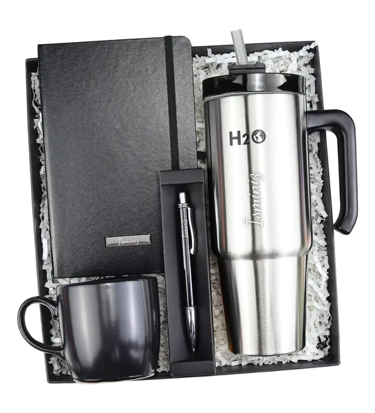 Pipetli 900ml Termos & Siyah Defter & Siyah Tükenmez Kalem & Siyah Kupa Hediye Seti