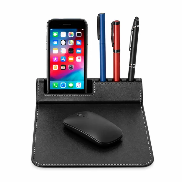 Kalem Gözlü ve Telefon Standlı Deri Mousepad – 24 × 19 cm