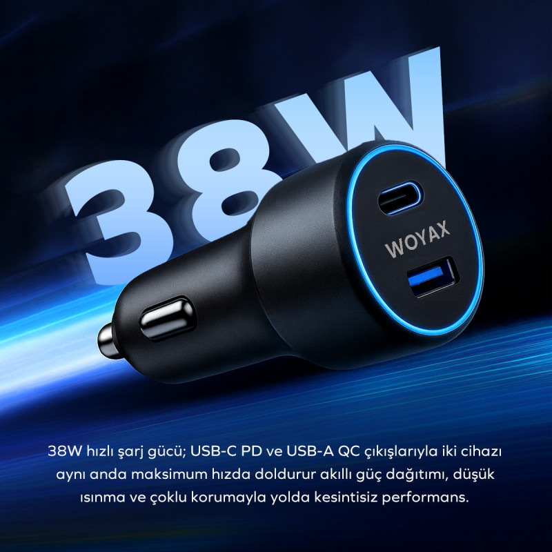 Woyax Araç Şarj Aleti Çakmaklık Type-C + USB Girişli 38W
